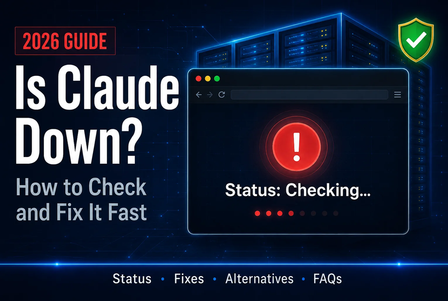 Is Claude down ?2026 blog thumbnail showing browser error screen with red offline indicator and status checking message on dark navy background