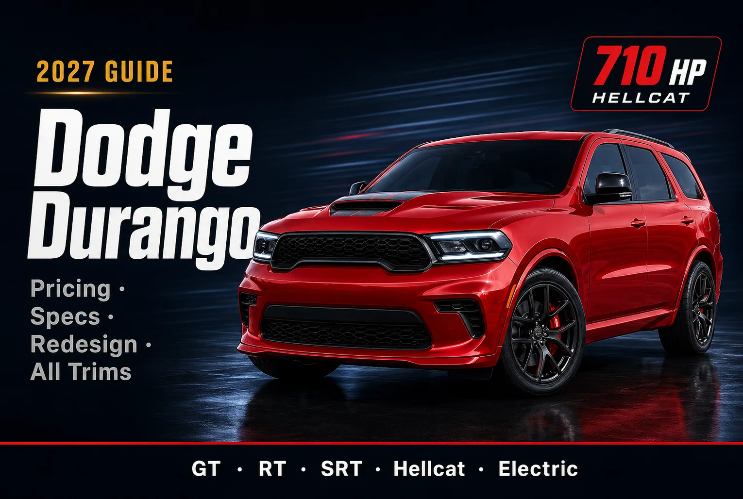 2027 Dodge Durango featured thumbnail showing red SUV on dark navy charcoal background with pricing redesign specs and trim level guide text