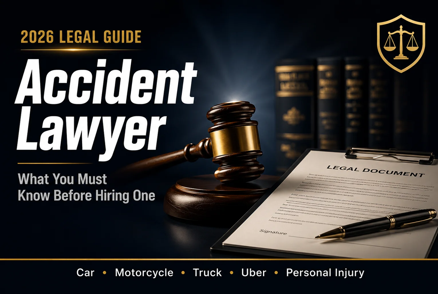 Accident lawyer 2026 guide featured thumbnail showing gavel and legal document on dark navy charcoal background with gold accents and bold white headline text