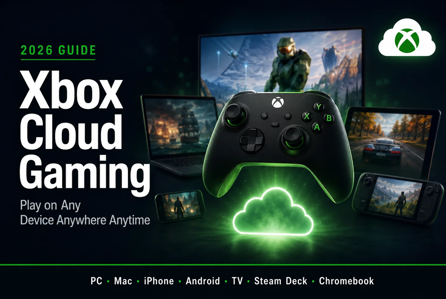 Xbox Cloud Gaming 2026 guide featured thumbnail showing Xbox controller floating above cloud icon on dark navy charcoal background with green accents and bold white headline text
