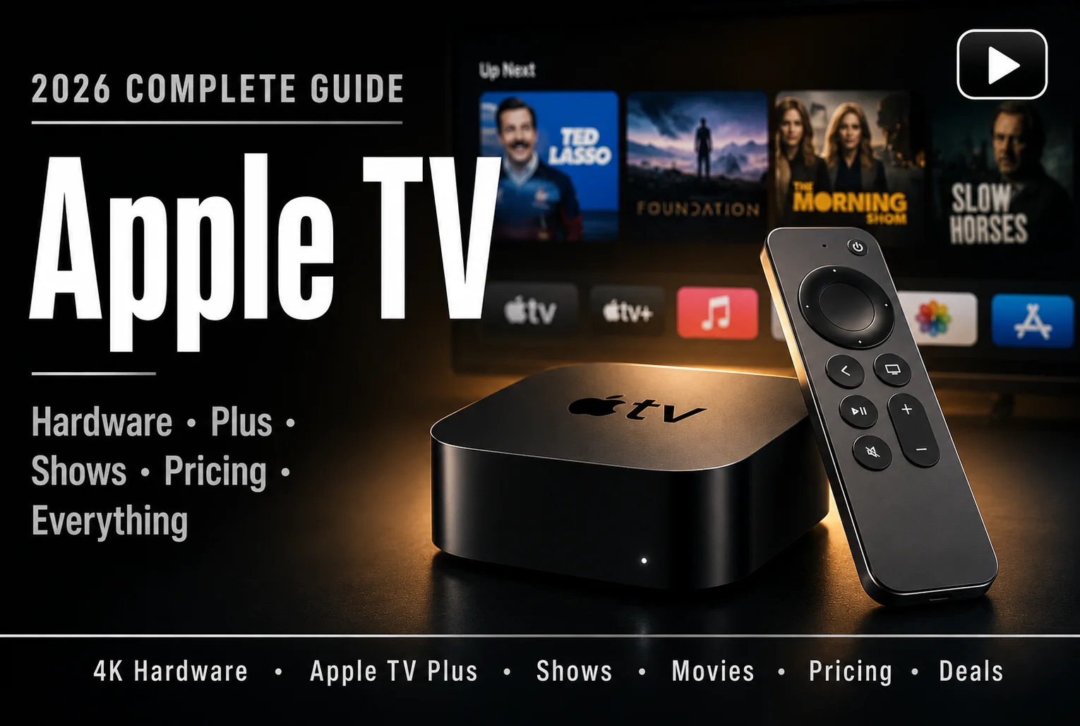 Apple TV 2026 complete guide featured thumbnail showing black Apple TV 4K box and Siri Remote on dark charcoal background with silver accents warm screen glow and bold white headline text