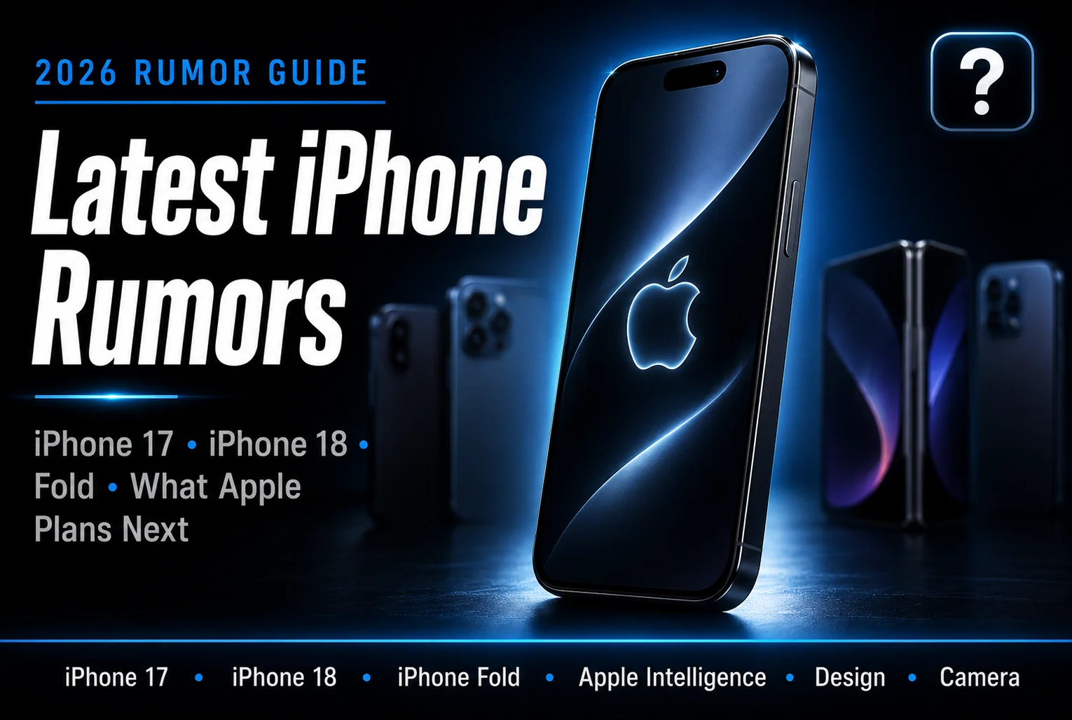Latest iPhone rumors 2026 guide featured thumbnail showing sleek black iPhone on dark charcoal background with electric blue accents faint unreleased device silhouettes and bold white headline text