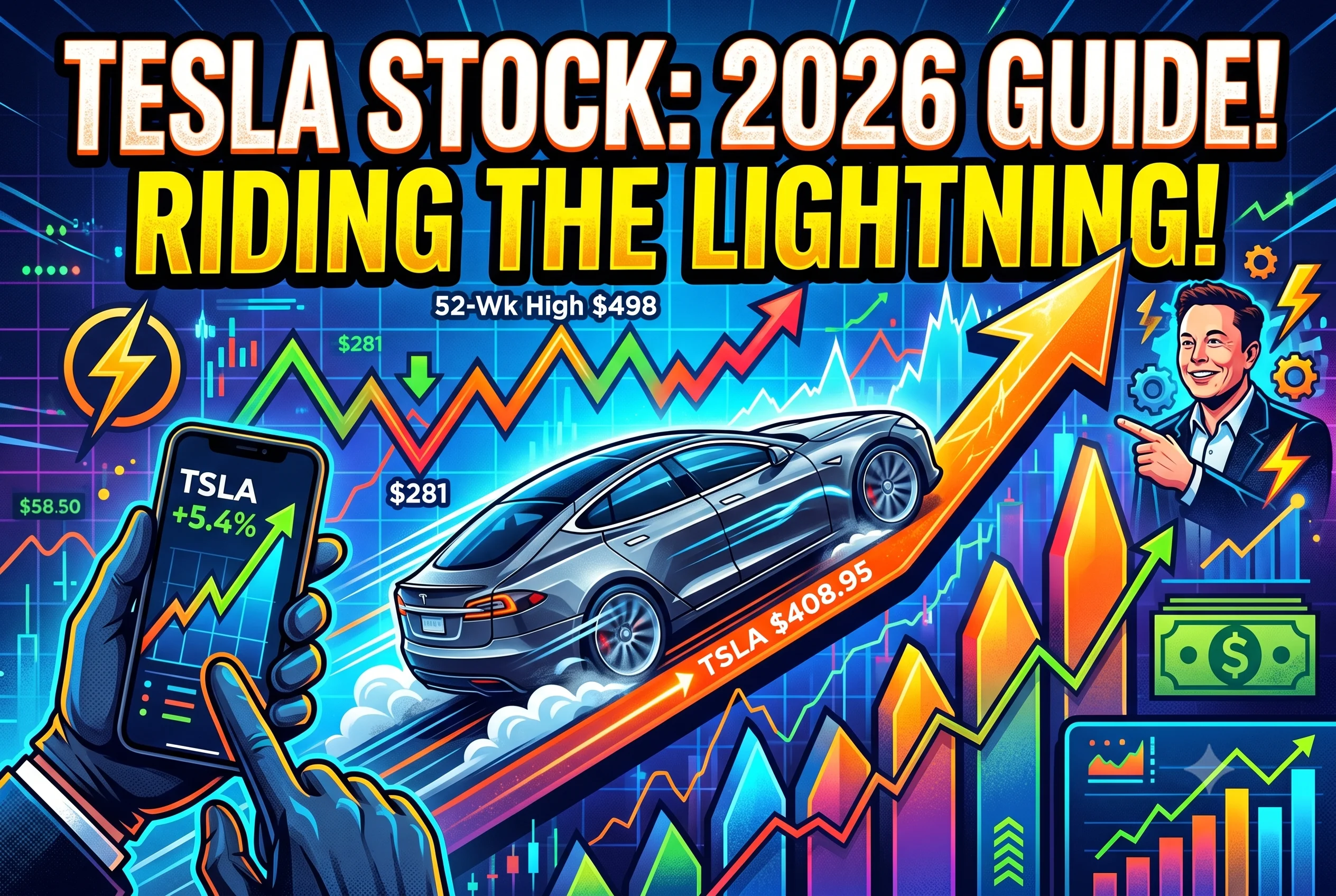 Vibrant, eye-catching thumbnail graphic featuring an electric car accelerating up a rising stock chart arrow with text reading Tesla Stock 2026 Guide Riding the Lightning.