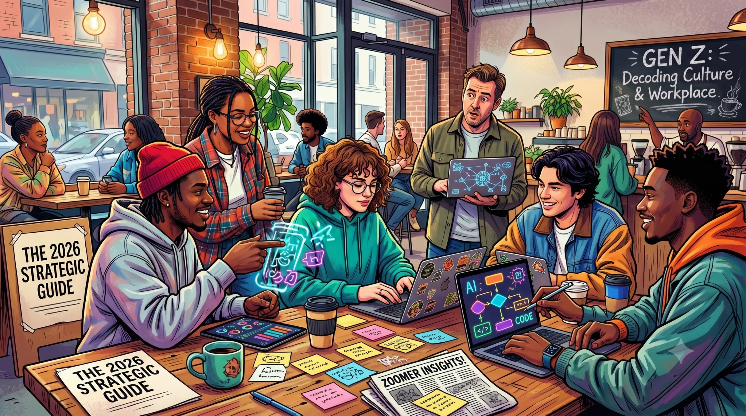 Vibrant digital illustration of a diverse Gen Z team collaborating on laptops with data charts and AI code diagrams inside a modern, casual coffee shop workspace.