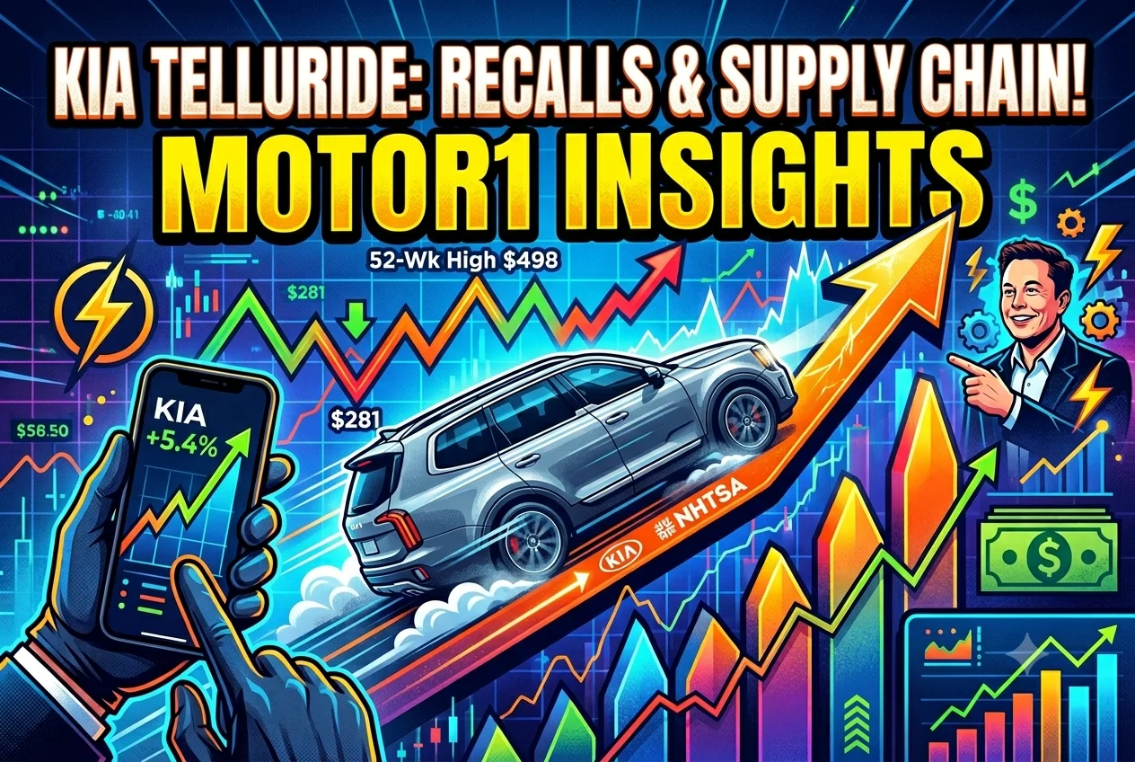 High-contrast blog thumbnail illustration showing a silver Kia Telluride on a data trend line with text reading Kia Telluride Recalls and Supply Chain Motor1 Insights.