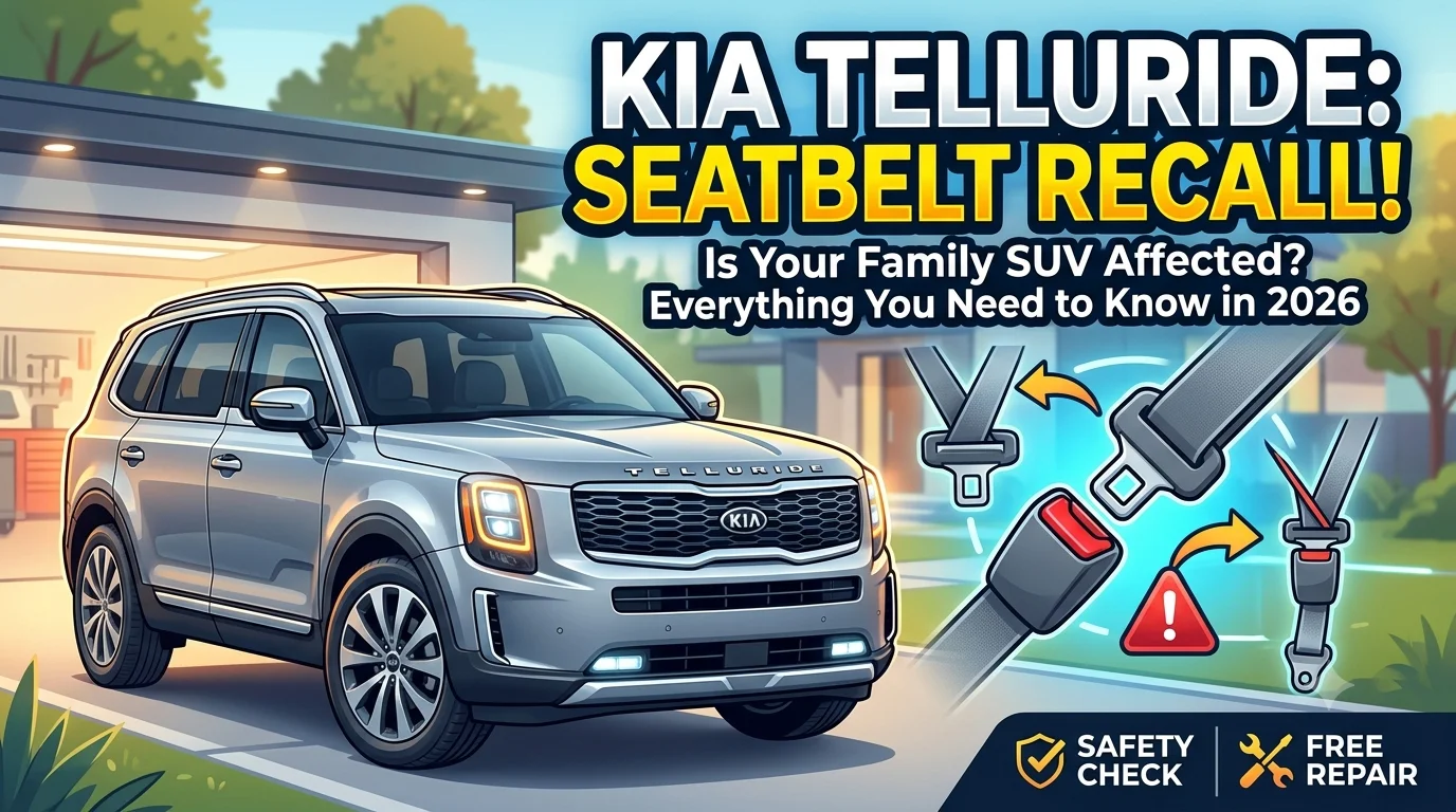 Eye-catching blog thumbnail featuring a silver Kia Telluride SUV alongside graphics illustrating a seatbelt buckle defect and bold text about the 2026 recall.