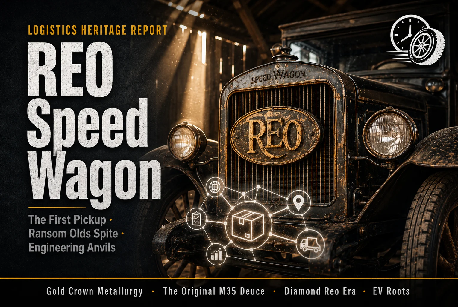A side-view of a beautifully restored 1915 REO Speed Wagon delivery truck with wooden spoked wheels, parked on a rustic dirt road