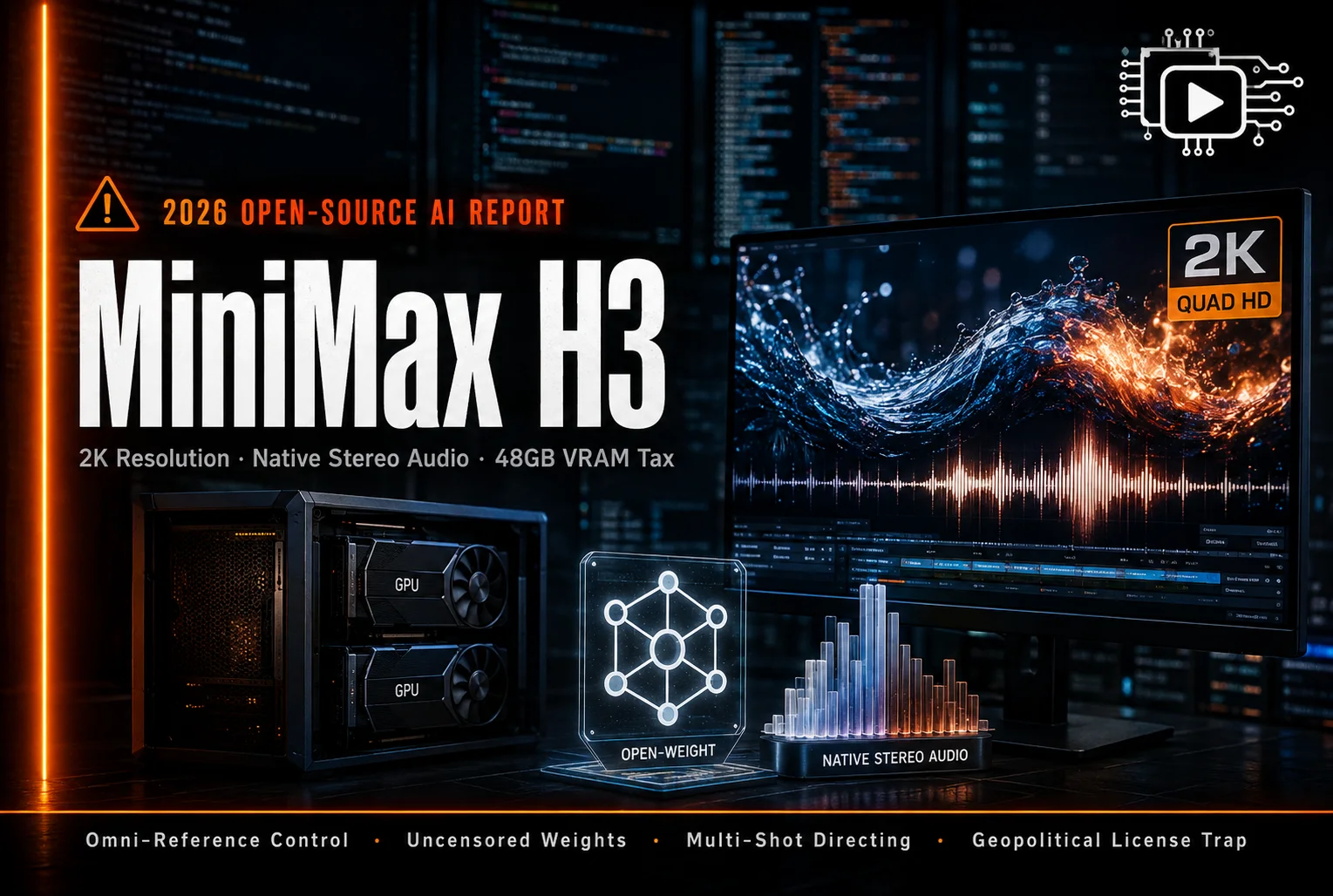 A high-end PC workstation with dual graphics cards running a complex ComfyUI node-based terminal window for AI video generation