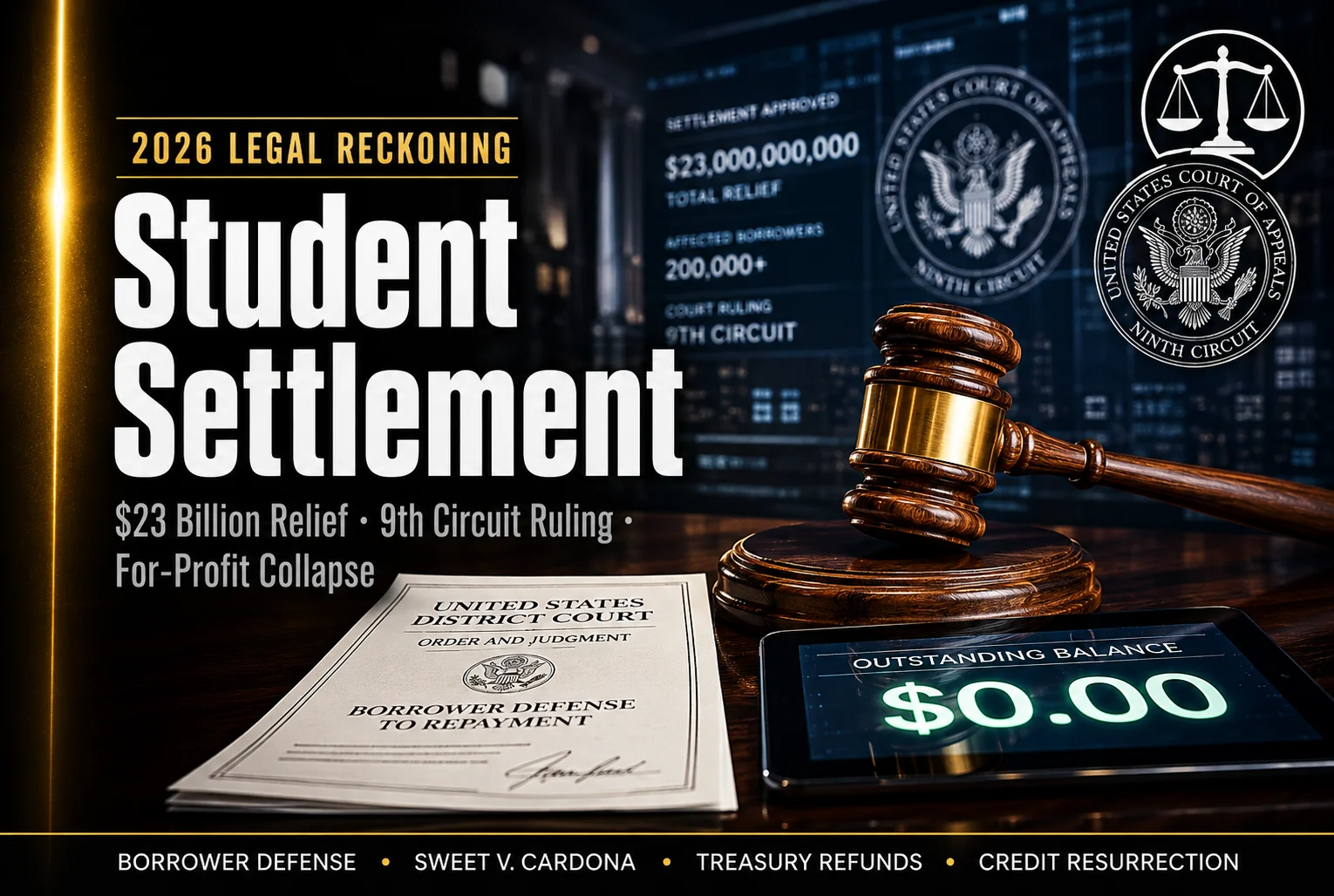A laptop screen displaying the official StudentAid.gov dashboard showing an approved borrower defense status and a zero balance.